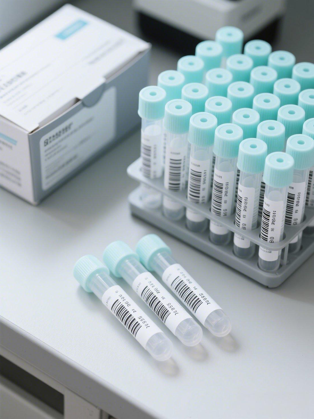 前景擺放著藥盒側(cè)面灰白色醫(yī)療級(jí)紙質(zhì)標(biāo)，兩支試制擺放在桌子上。背景為實(shí)驗(yàn)室試管架，完整顯示試管架上擺滿了20多支塑料試管，